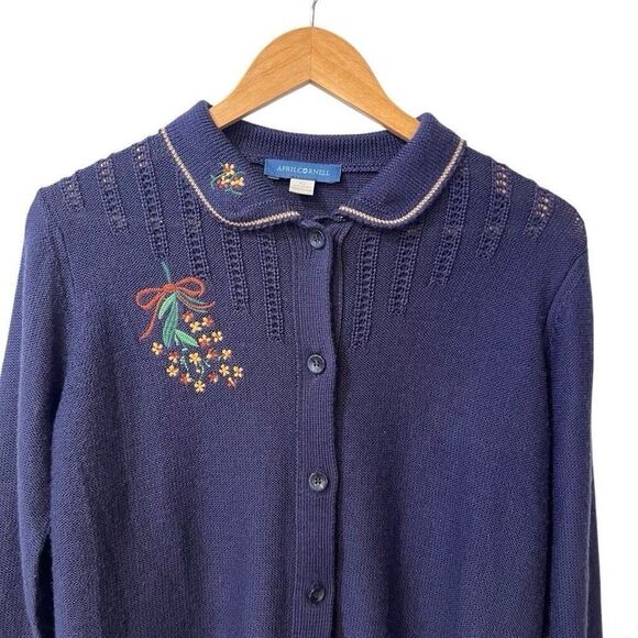 April Cornell Cardigan Sweater Women XS Cottage Embroidered Wool Blend Cute - Picture 3 of 12